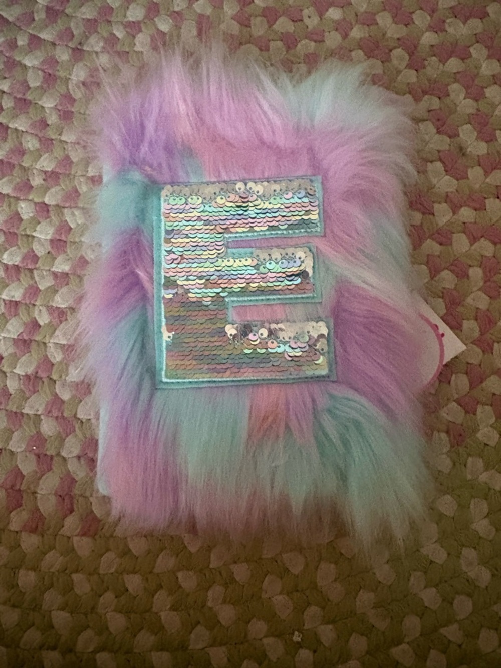 Justice Faux Fur Sequin 'E' Notebook - Pastel Pink & Pastel Blue